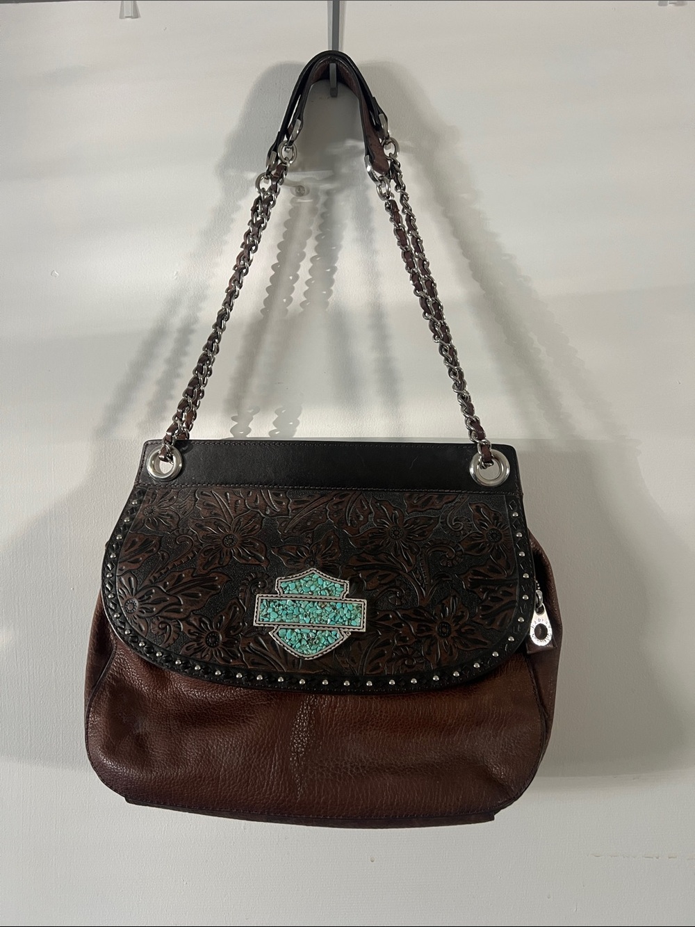 Harley Davidson brown Leather Bag with turqoise Embossed Flap